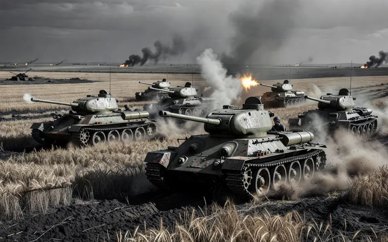 Chars T-34 sovietiques en formation lors de la bataille de Koursk en 1943