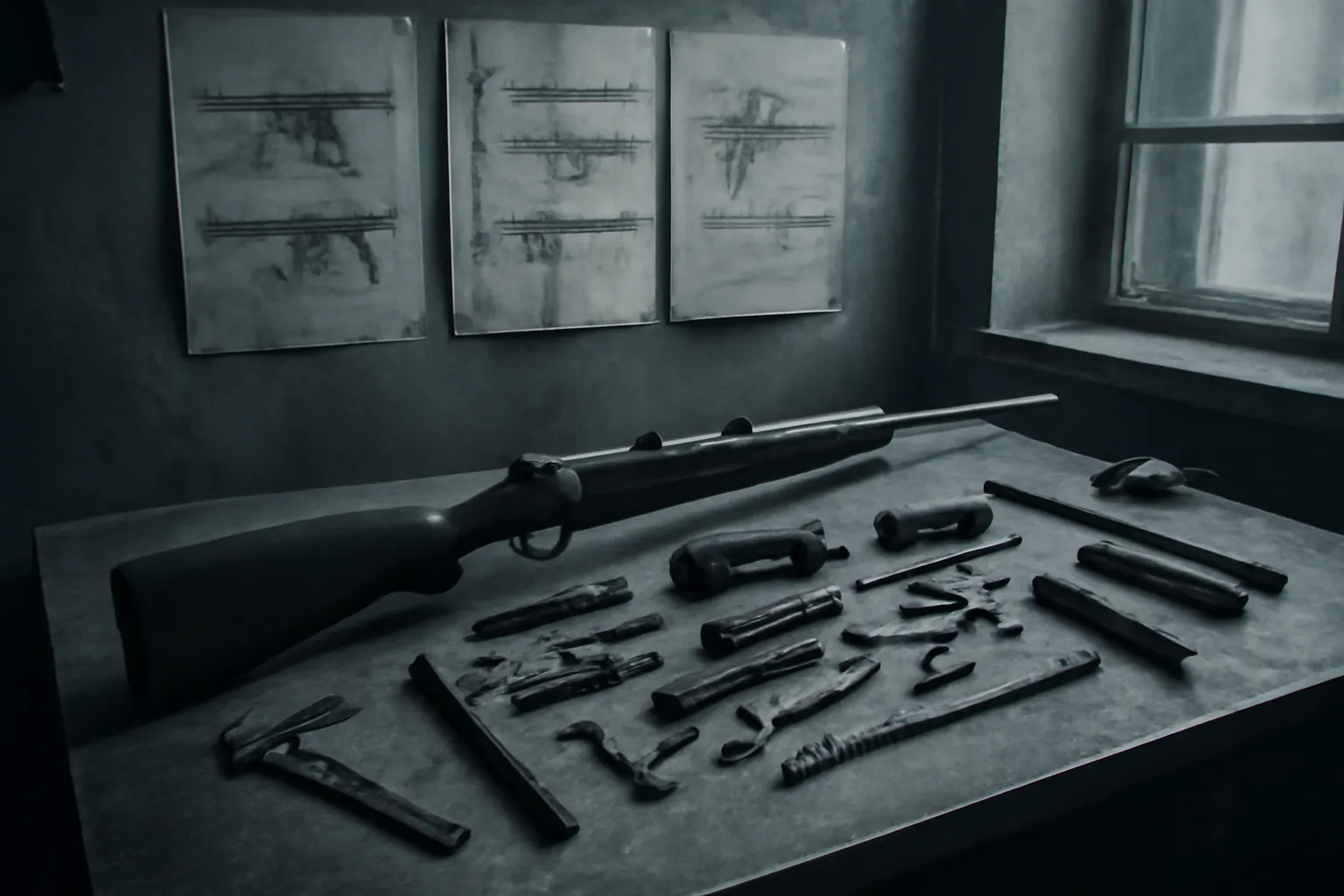 Atelier de conception d'armes soviétique, mécanisme de fusil démonté sur une table de travail