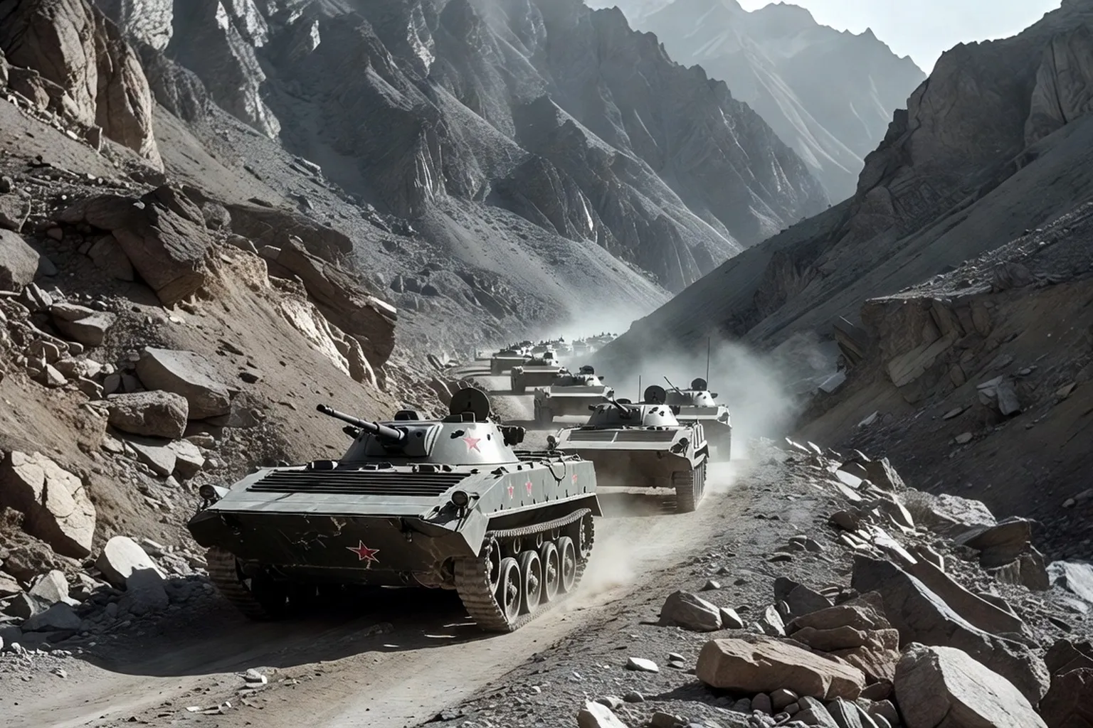Convoi militaire soviétique dans les passes afghanes, véhicules BMP