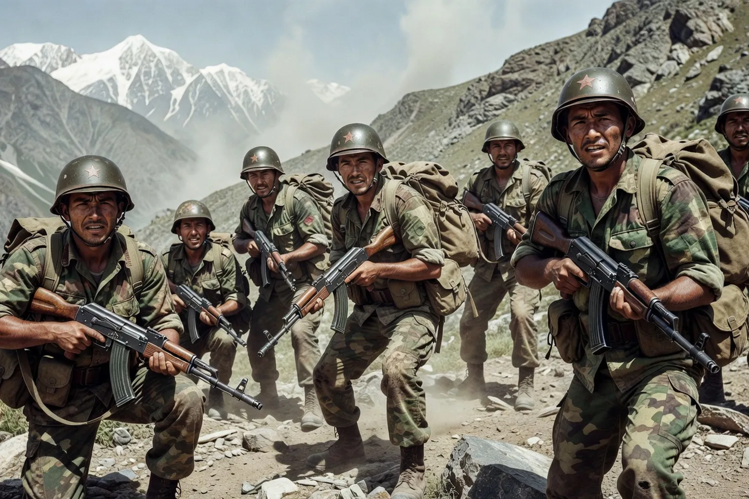 Soldats Spetsnaz soviétiques en tenue de combat, montagnes afghanes