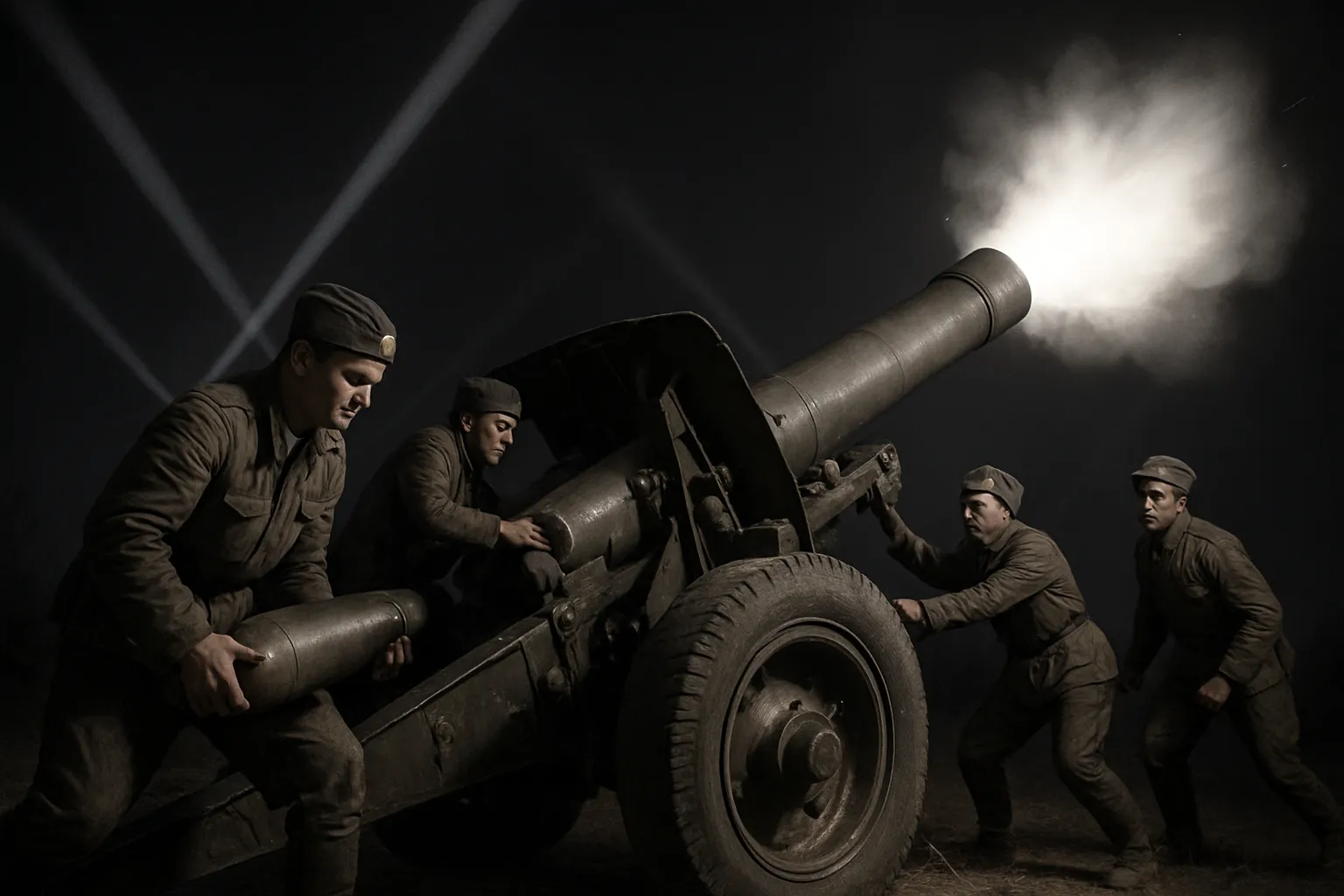 Équipage d'artillerie soviétique tirant un obusier lourd de nuit sous les faisceaux de projecteurs