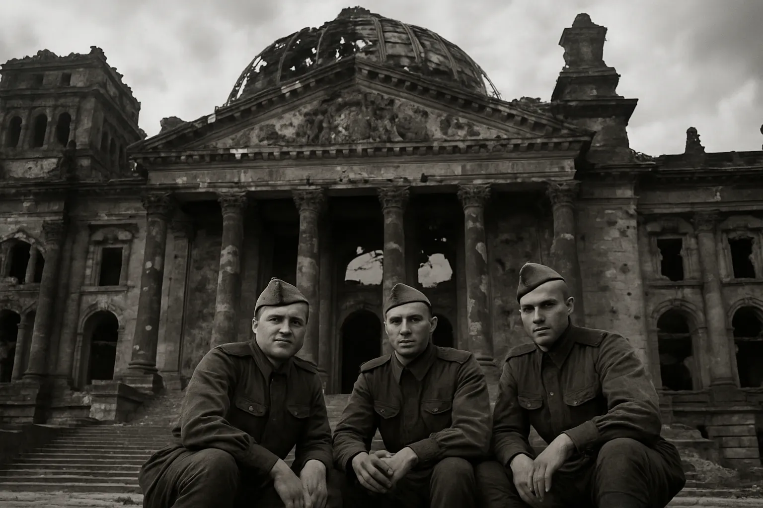Trois soldats soviétiques assis devant les marches du Reichstag endommagé à Berlin au début de mai 1945