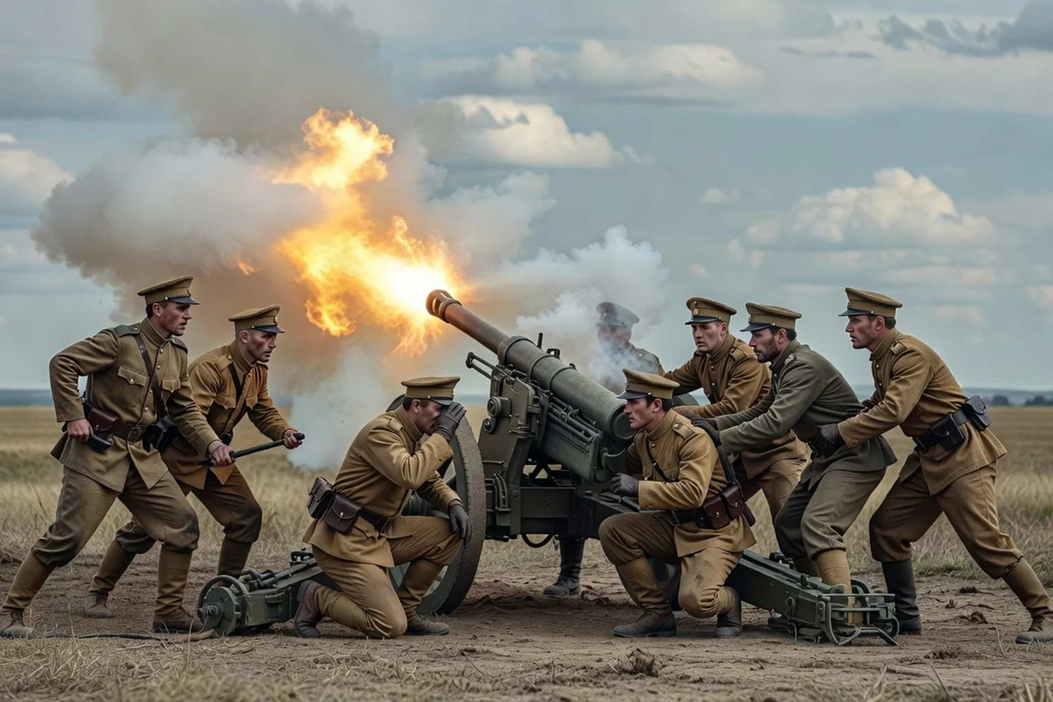 Servants d'une batterie d'artillerie de campagne de l'armée impériale russe de 1916 autour d'un canon en plein tir, flash de bouche et fumée blanche.