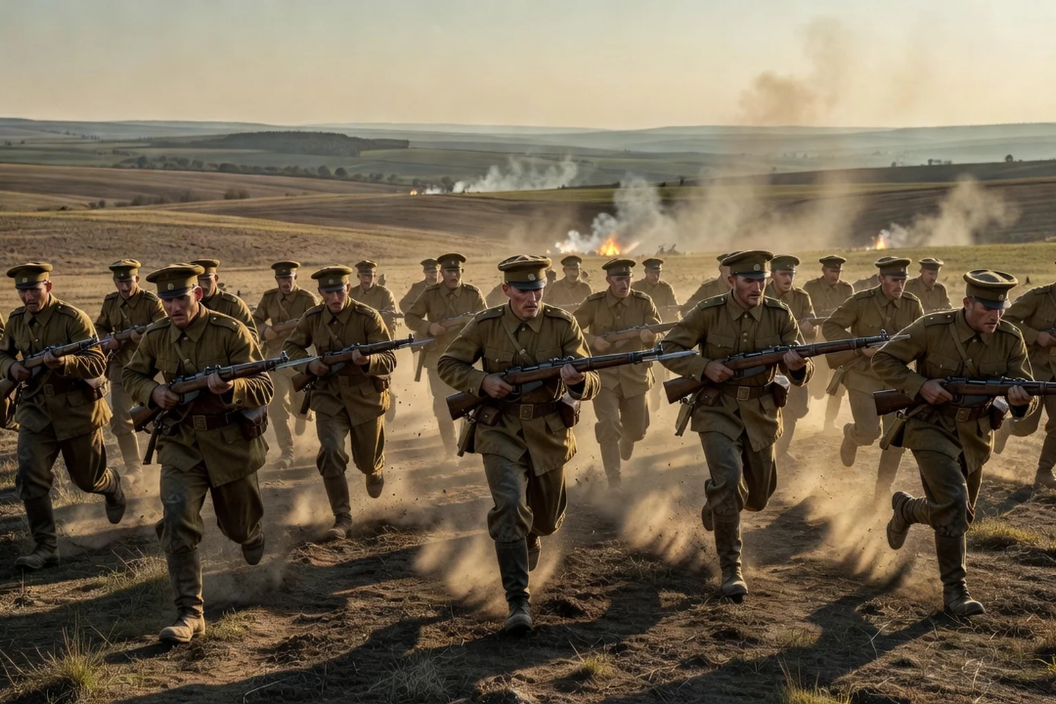 Fantassins de l'armée impériale russe de 1916 en charge à travers un champ de Galicie, fusils au bras et fumée d'artillerie au loin.