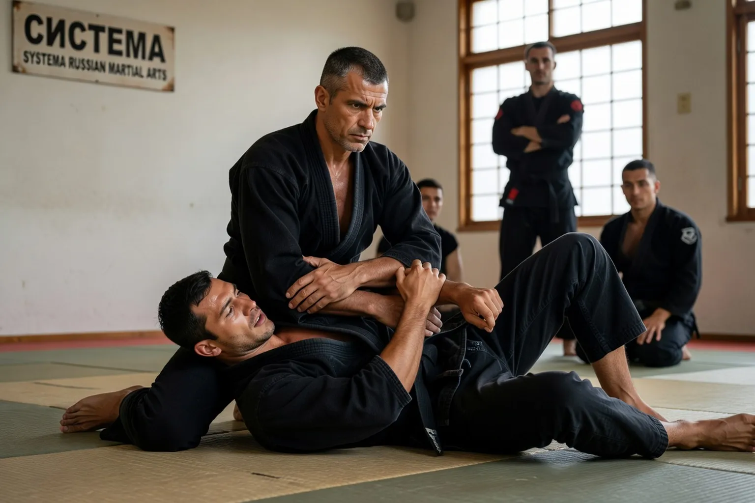 Démonstration de technique d'immobilisation Systema, entraînement sur tatami