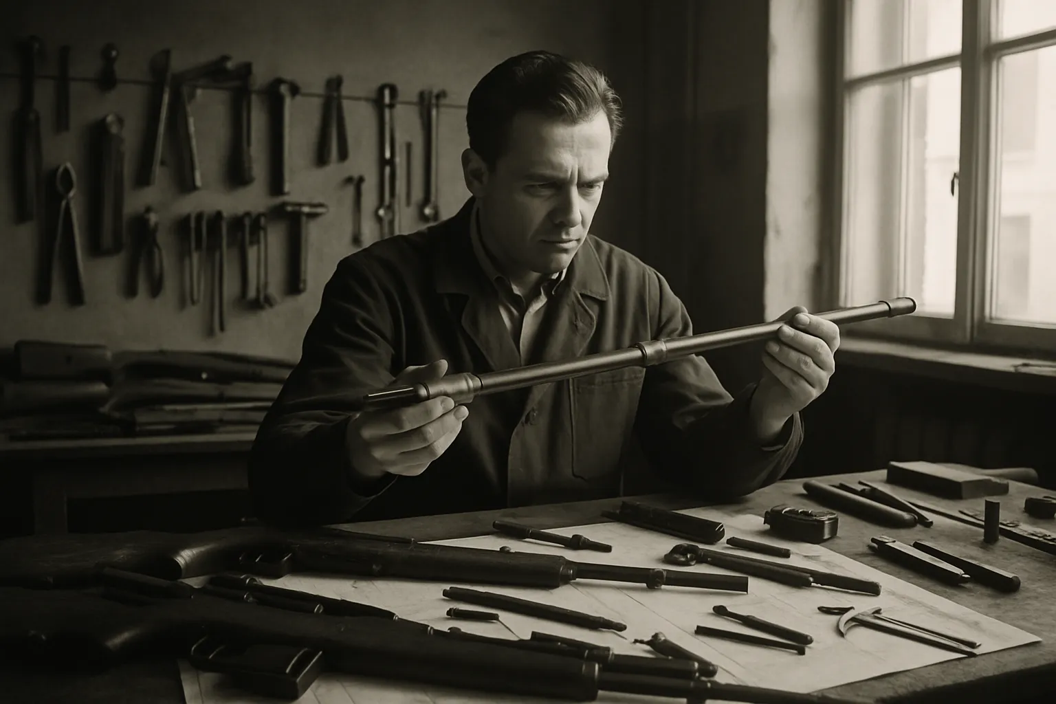Ingénieur armurier soviétique examinant un canon de fusil dans un atelier d'études, entouré de pièces et de plans