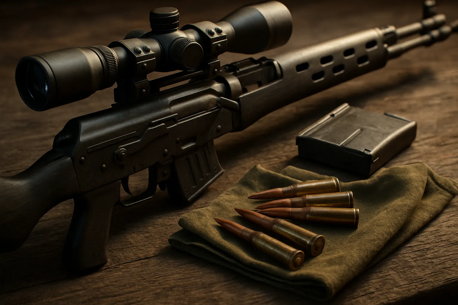 Fusil semi-automatique à lunette posé sur une table avec son chargeur et des cartouches 7,62 x 54 mm R