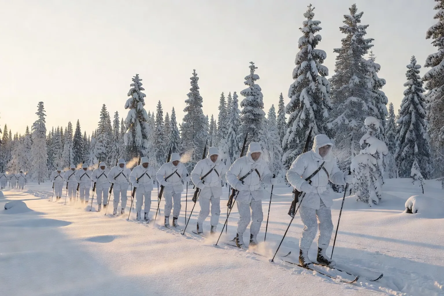 Colonne de skieurs finlandais en tenue de camouflage blanche dans une forêt d'épicéas enneigée