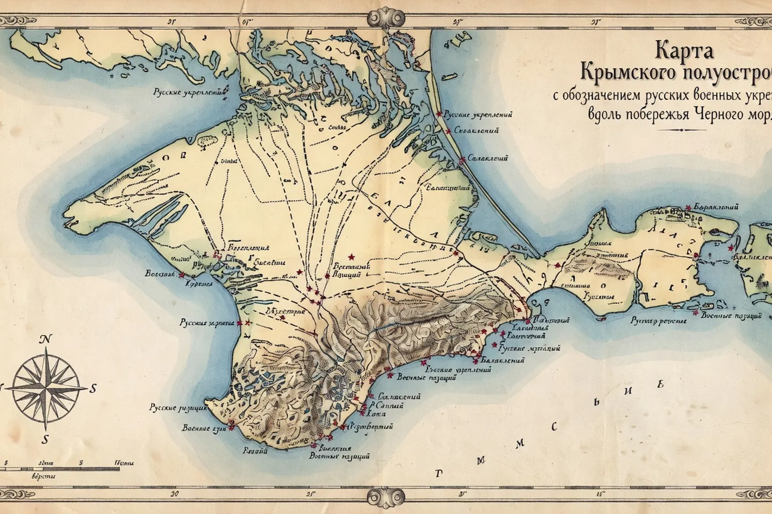 Carte historique de la Crimée avec fortifications russes sur la Mer Noire
