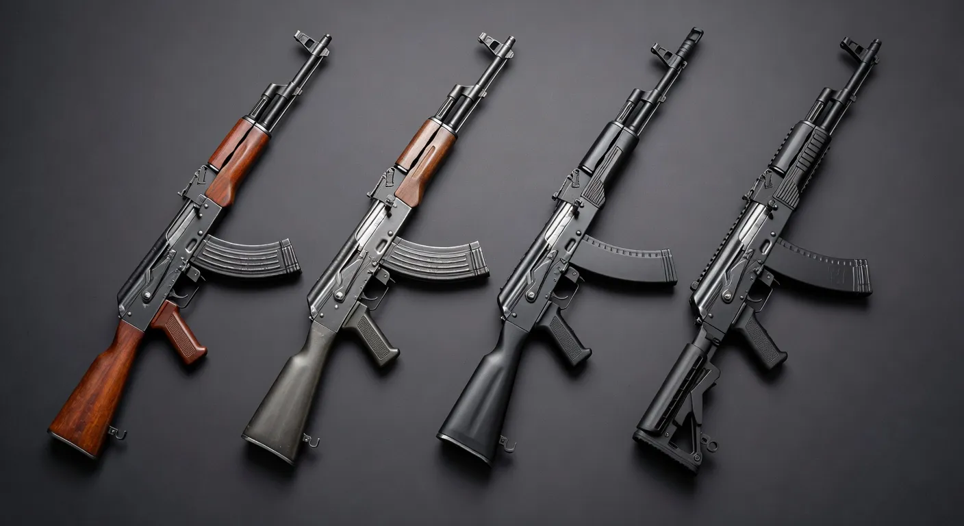 Variantes de la famille Kalachnikov AK-47, AKM, AK-74 et AK-12 cote a cote