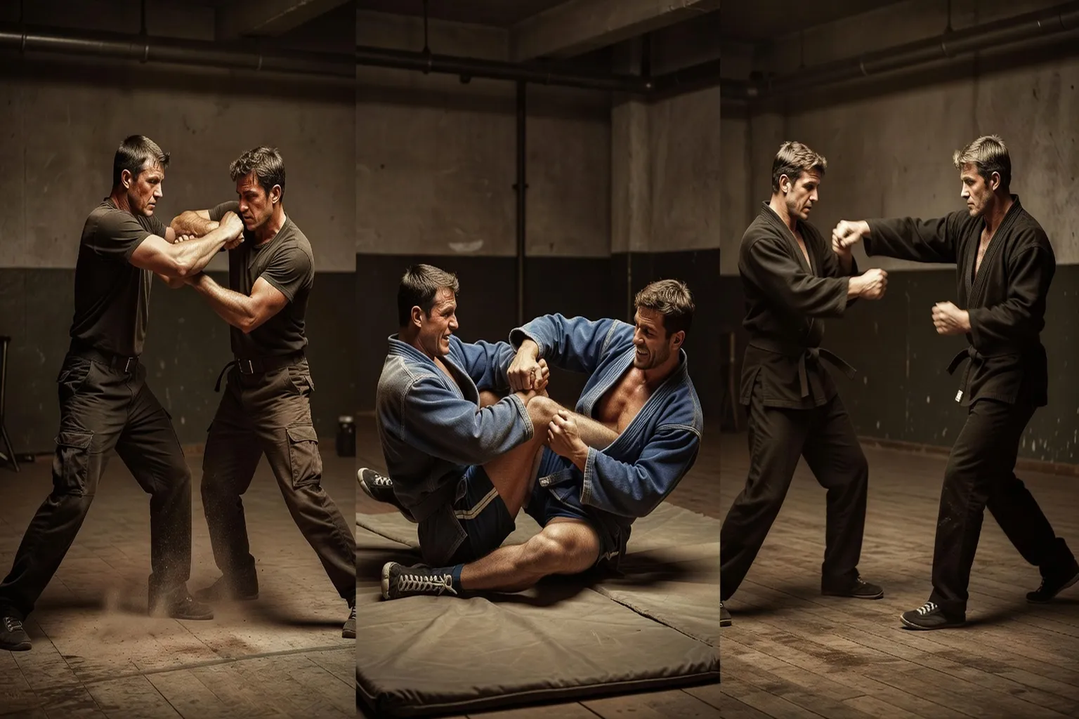 Comparatif visuel Krav-Maga, Sambo et Systema — trois systèmes de combat distincts