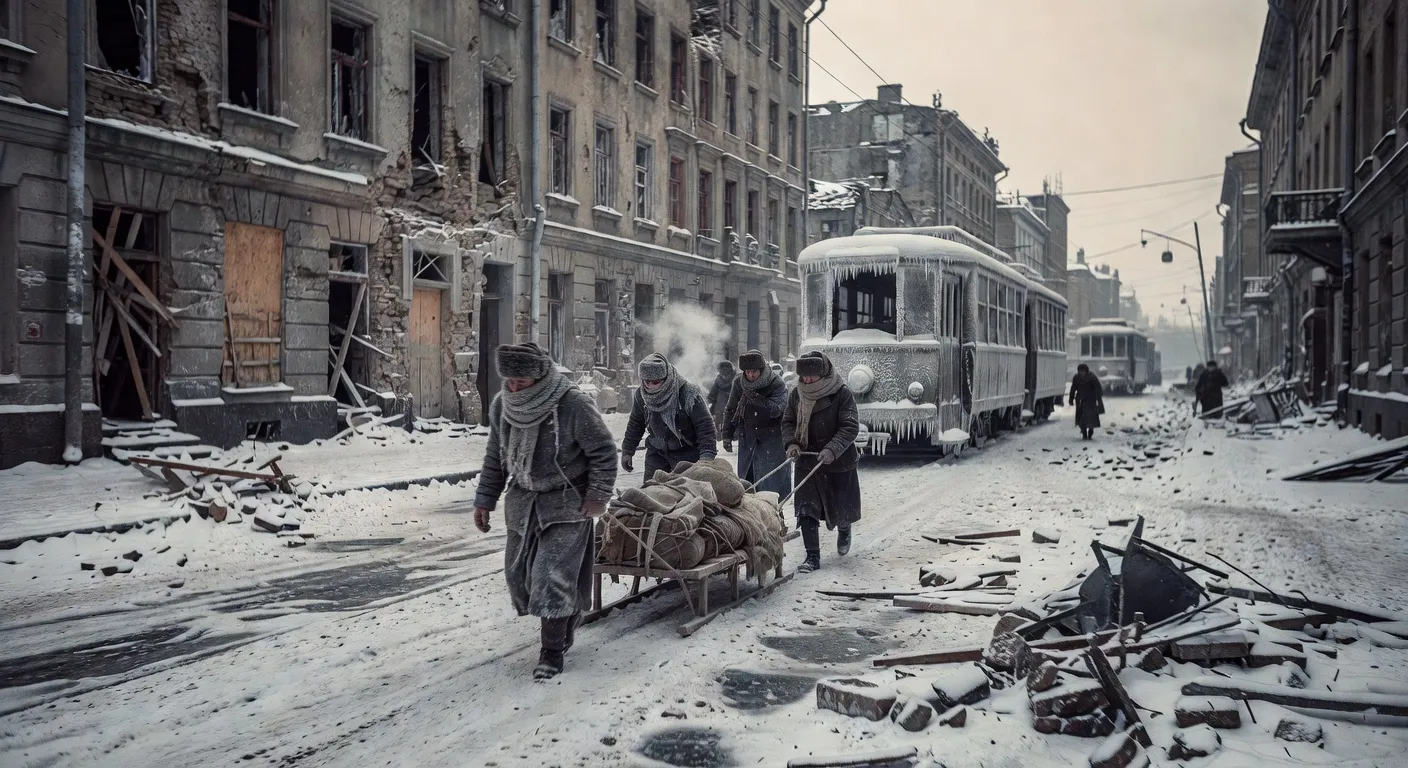 Famine et hiver a Leningrad 1941-1942, survivants dans les rues enneigees assiegees