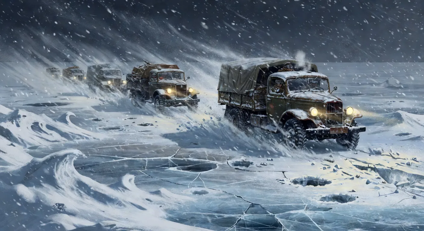 La Route de la Vie sur le lac Ladoga gele, convoi de camions sovietiques ravitaillant Leningrad