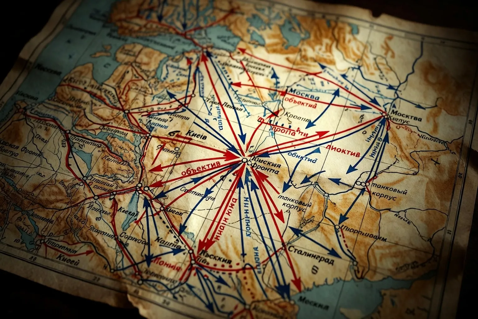 Carte militaire soviétique de la WWII avec annotations en cyrillique — terminologie et tactiques