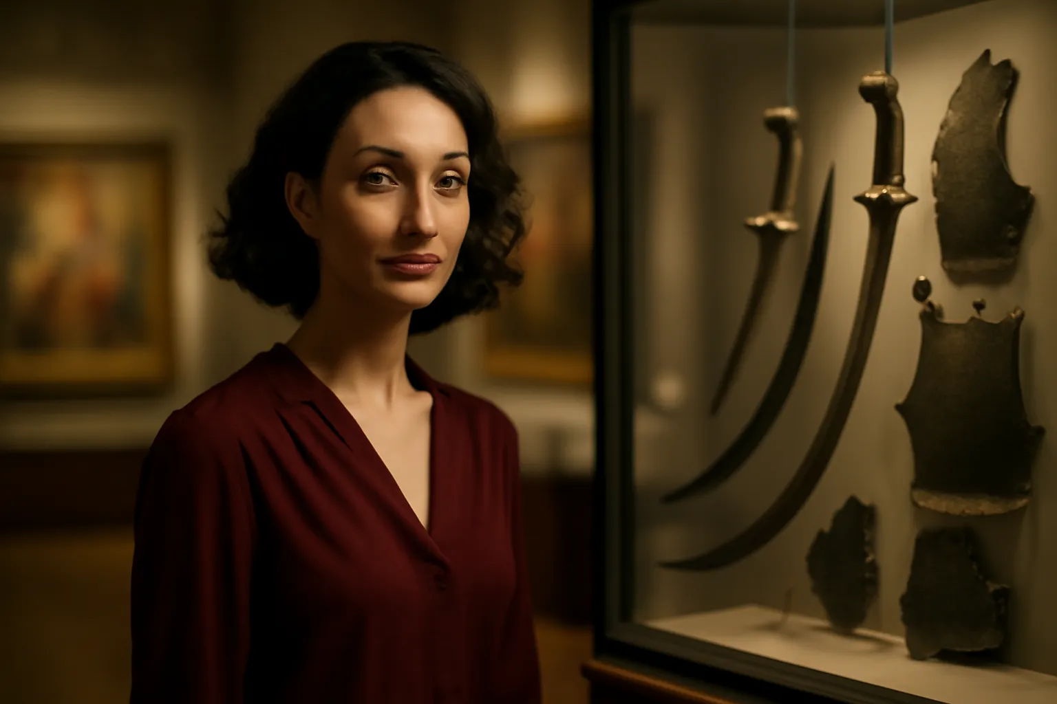 Conservatrice de musée devant une vitrine de sabre, arme dont la chachka cosaque reste la déclinaison la plus célèbres et fragments d'armures du XVIe siècle