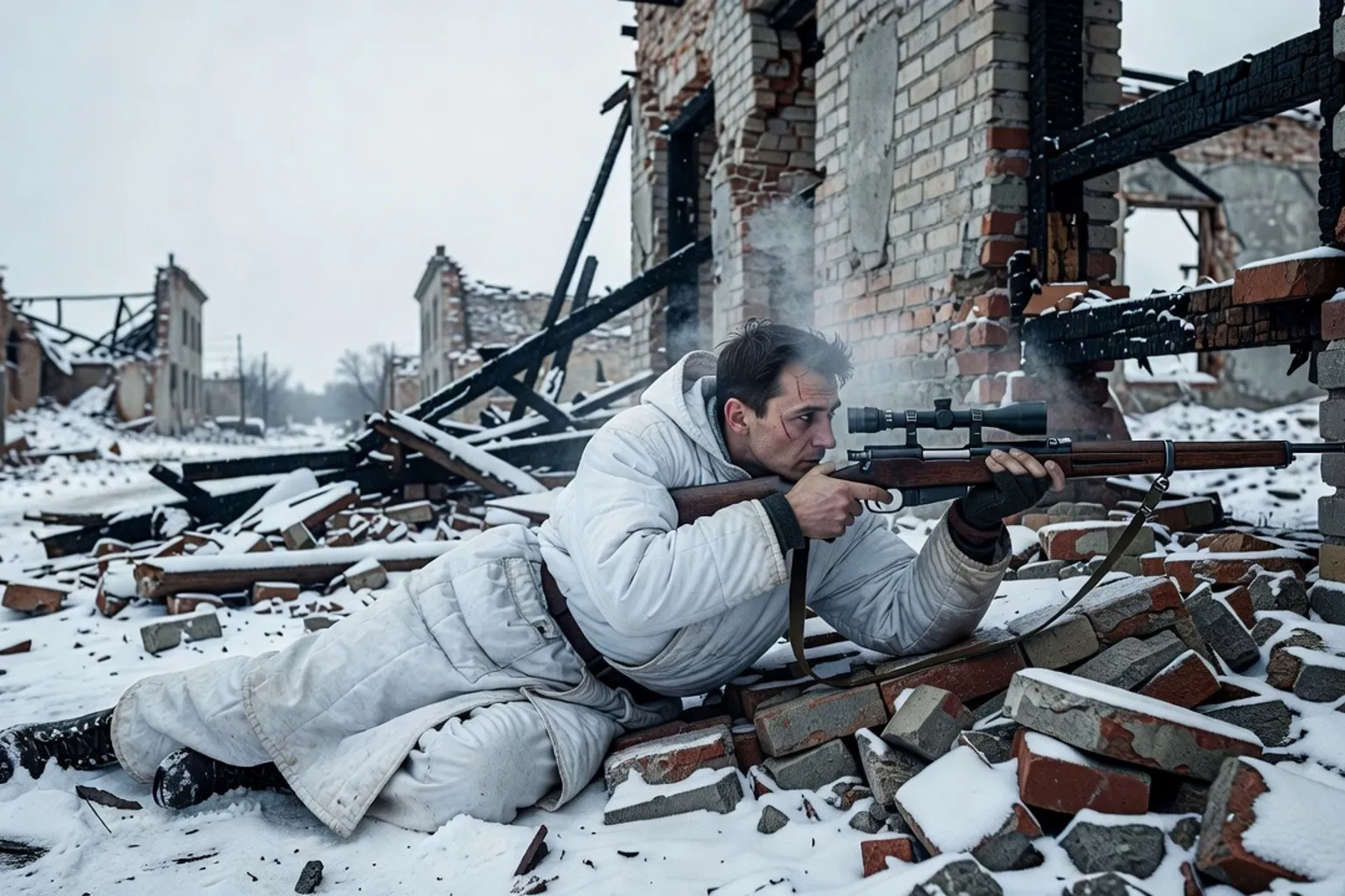 Tireur d'élite soviétique en tenue de camouflage blanche visant depuis les ruines d'un bâtiment sous la neige