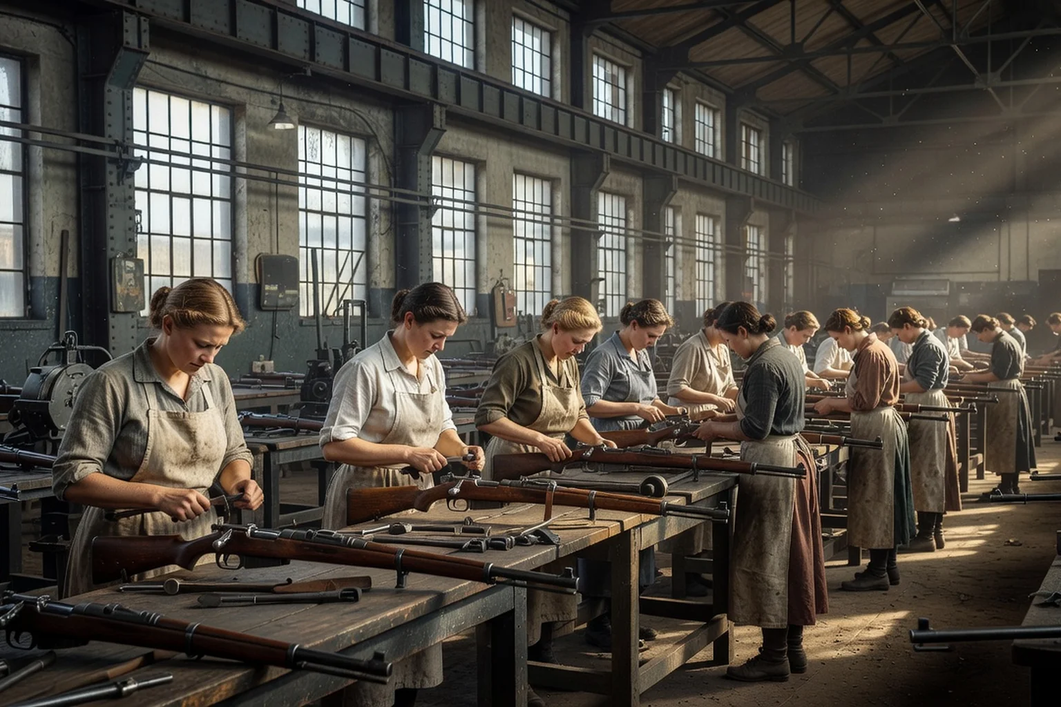 Ouvrières assemblant des fusils Mosin-Nagant sur une ligne de production d'usine d'armement soviétique dans les années 1930
