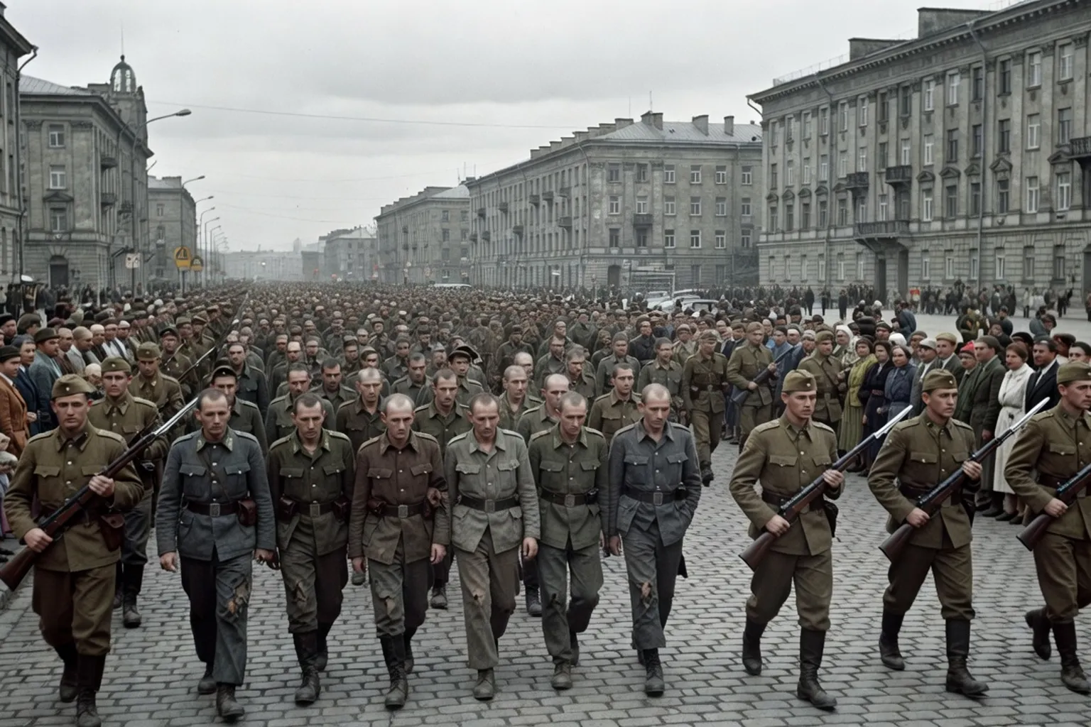 Colonne de prisonniers allemands escortés par des soldats soviétiques dans une rue de Moscou en juillet 1944