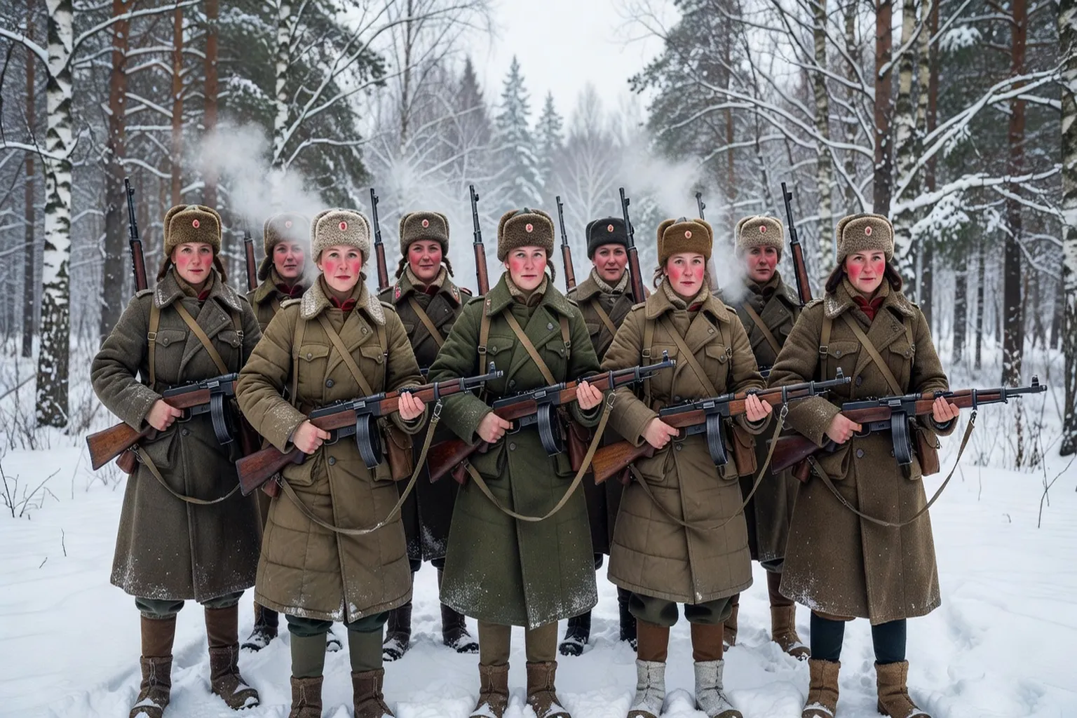 Partisanes soviétiques en uniforme hivernal dans la forêt — femmes combattantes de la résistance