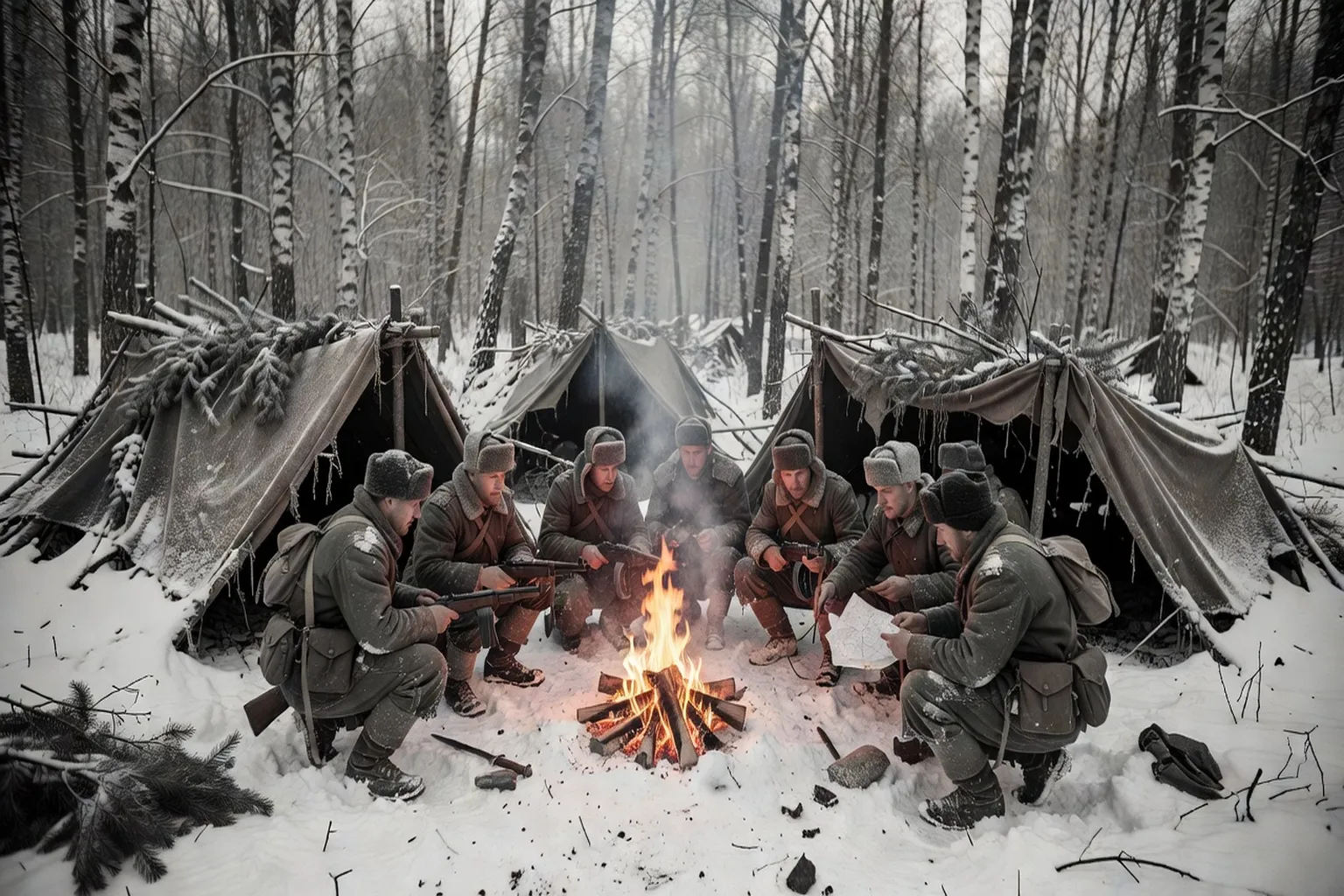 Camp partisan soviétique caché dans la forêt en hiver 1942 — abris de fortune et préparation des missions