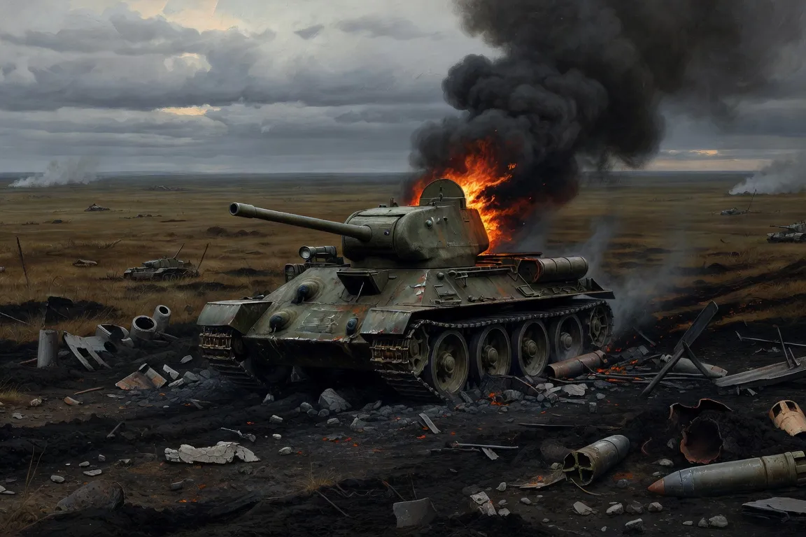 Chars T-34 soviétiques en feu au champ de bataille de Prokhorovka