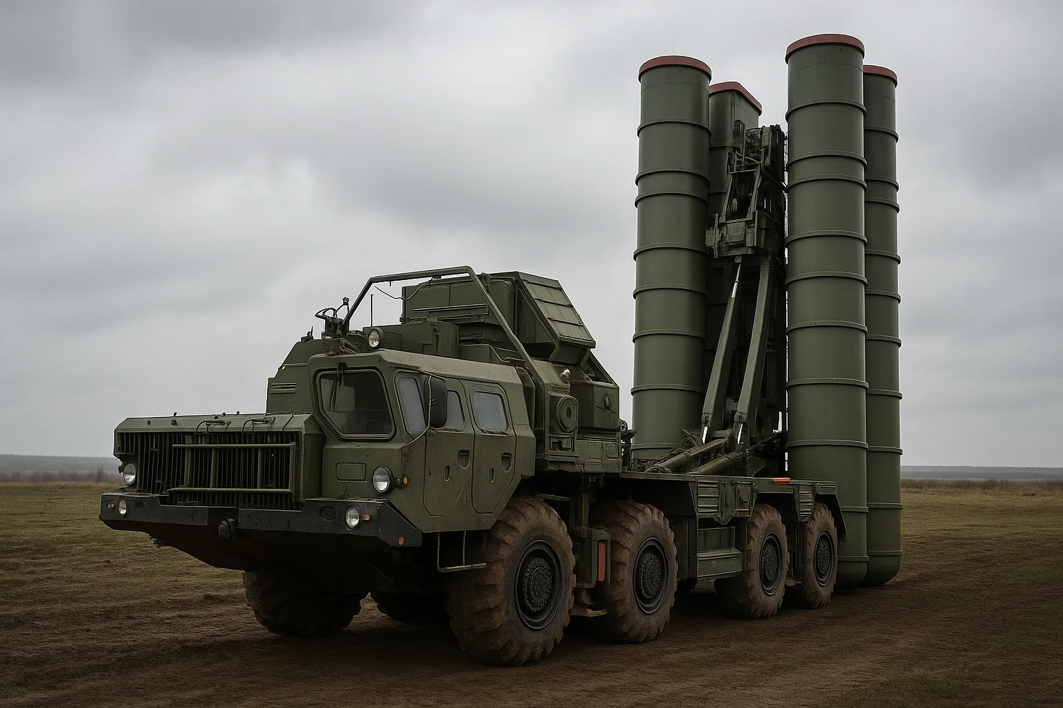 Batterie de missiles sol-air S-400 Triumf déployée en position de tir
