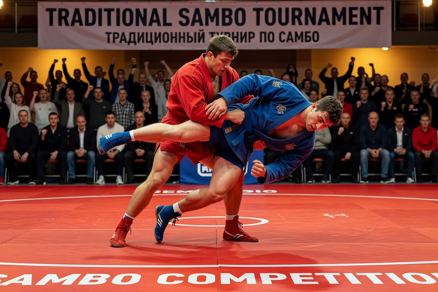 Compétition officielle de sambo sport sur tapis rouge, projection en kurtka