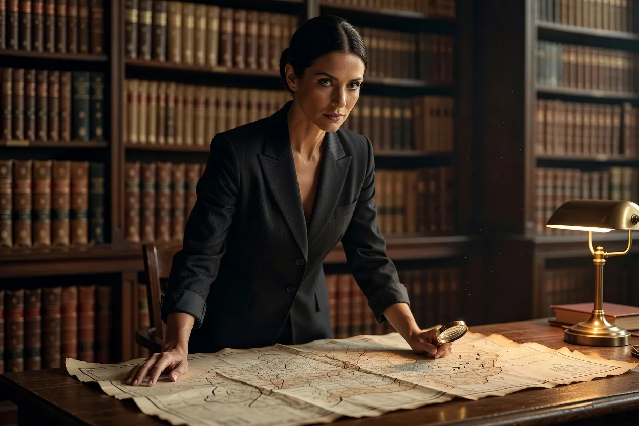 Historienne examinant une carte militaire de 1941 dans une salle d'archives