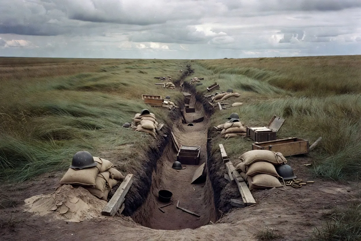 Ligne de tranchées soviétique creusée dans un champ russe durant l'été 1941