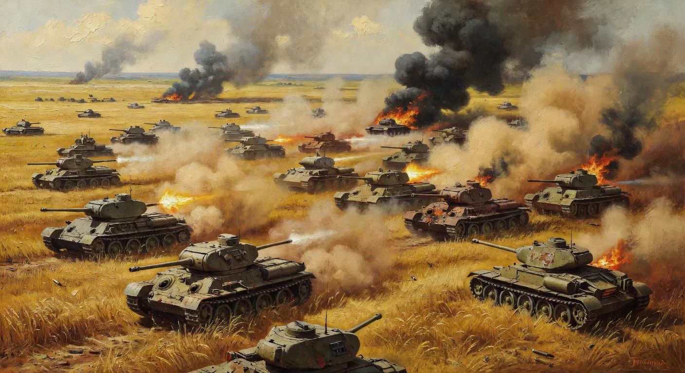 Chars T-34 a la bataille de Prokhorovka en juillet 1943, plus grand affrontement de blindes de l'histoire
