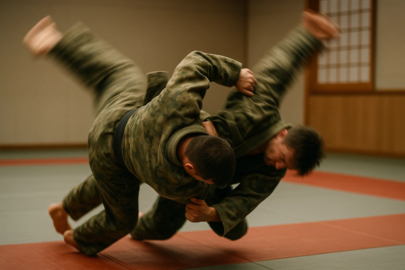 Soldats soviétiques s'entraînant à une projection de judo militaire