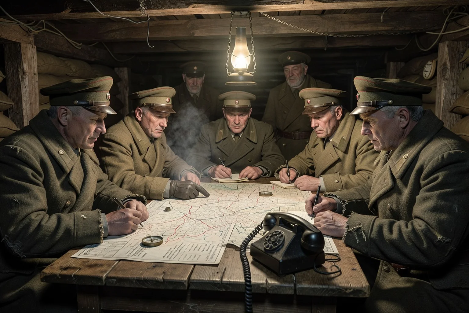 Officiers de l'état-major soviétique étudiant des cartes de campagne dans un bunker éclairé à la lampe en janvier 1945