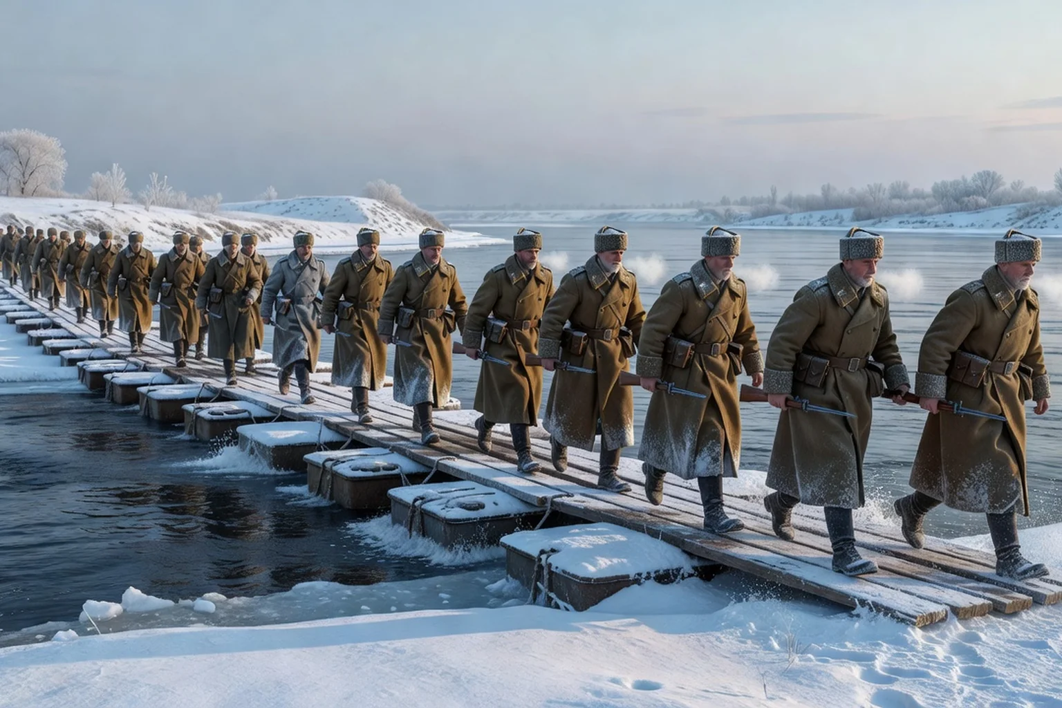 Soldats de l'Armée rouge franchissant une rivière gelée sur un pont flottant pendant l'hiver 1945