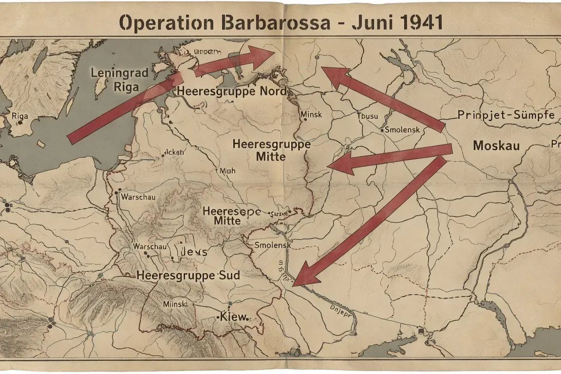 Carte stratégique de l'opération Barbarossa : trois groupes d'armées allemands convergent vers Léningrad, Moscou, Kiev