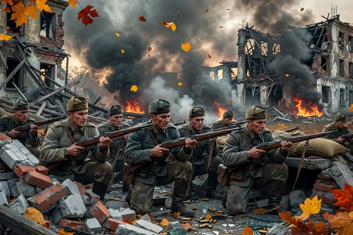 Soldats soviétiques résistent dans les ruines d'une ville russe à l'automne 1941