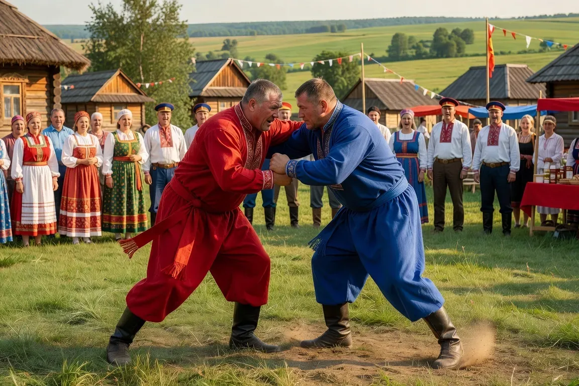 Lutteurs russes traditionnels en costume folklorique lors d'une fête de village
