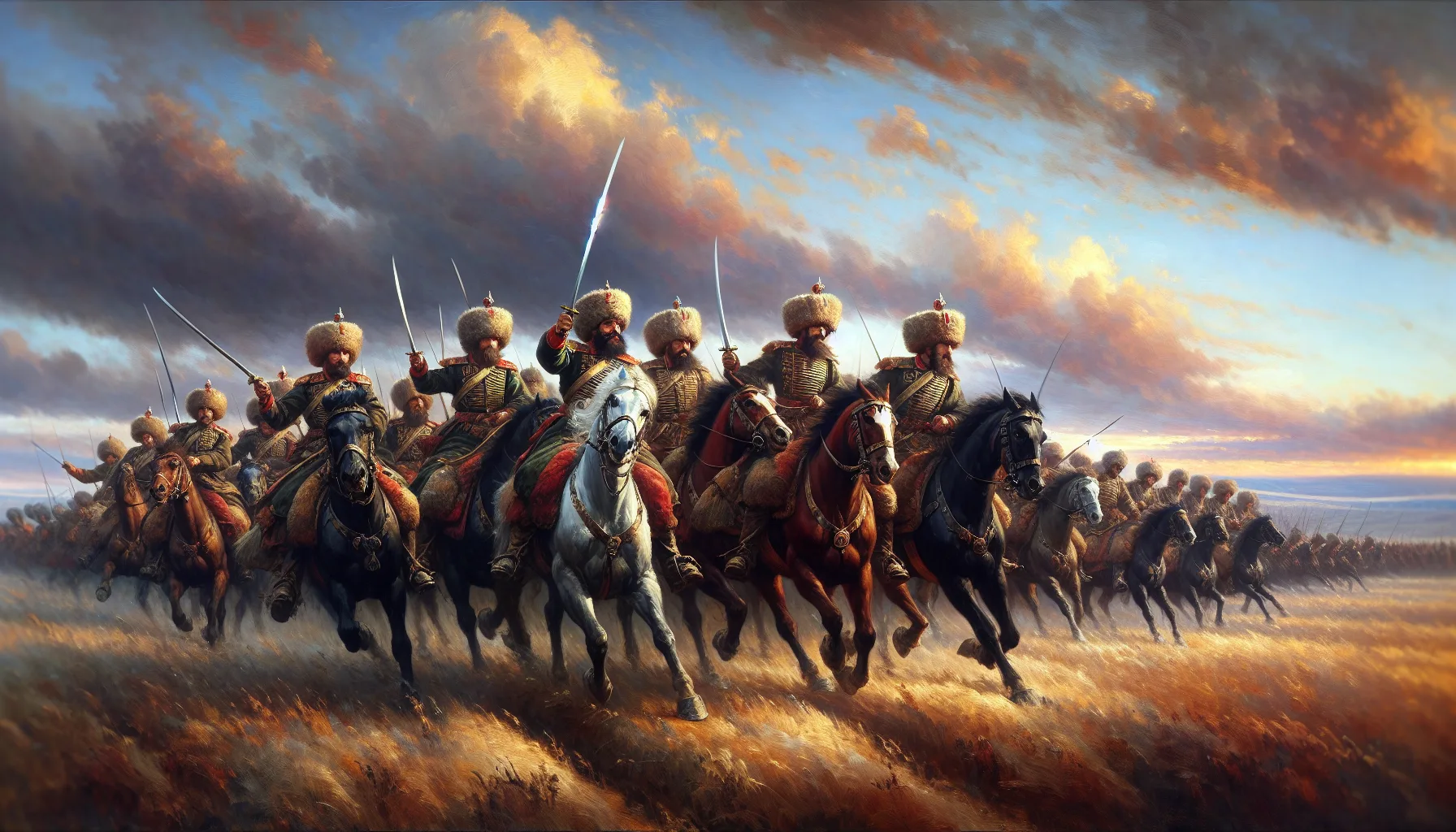 Cavalerie cosaque chargeant a travers les steppes russes