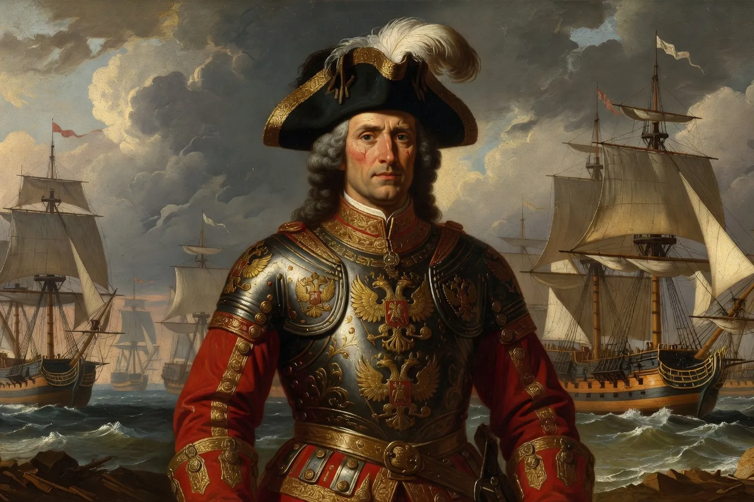 Pierre le Grand en uniforme militaire, flotte russe en arri&egrave;re-plan