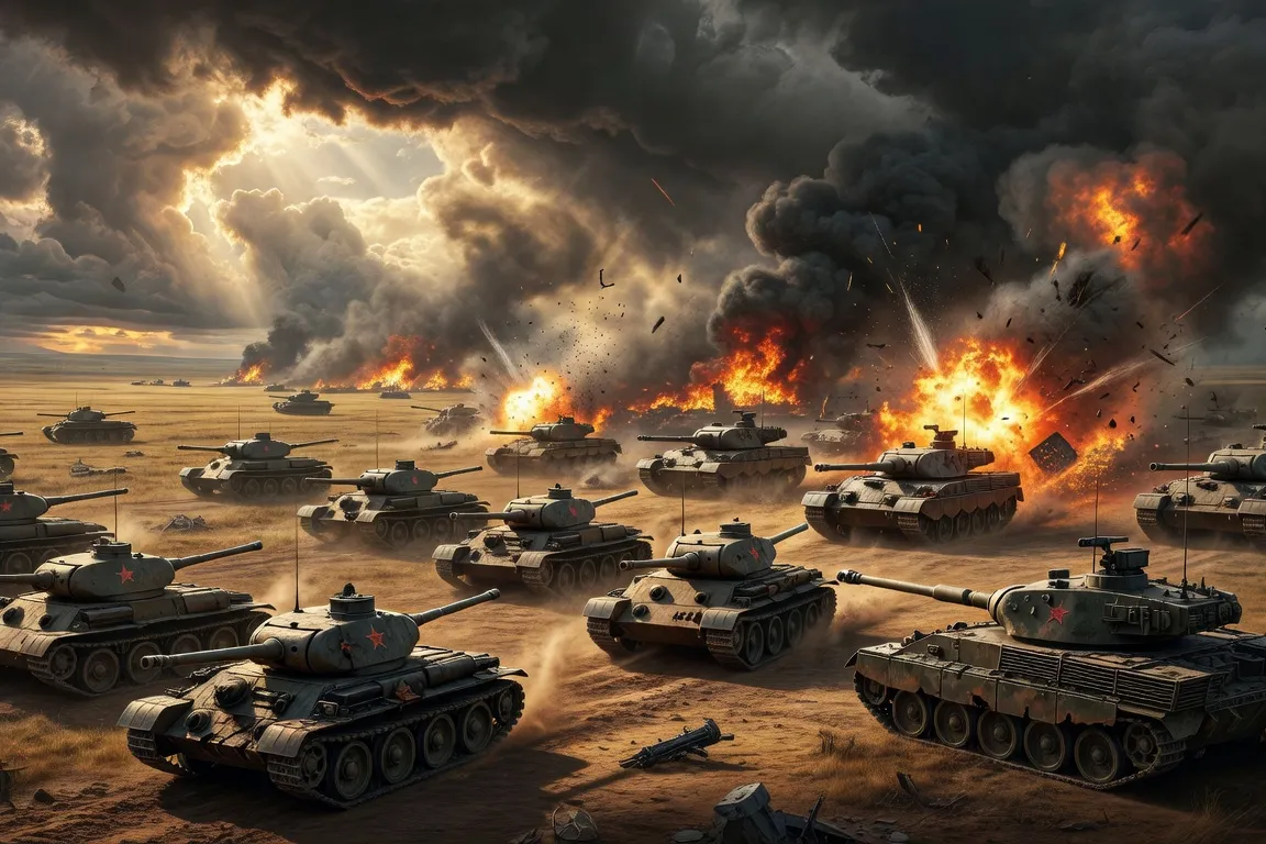 Chars T-34 soviétiques chargeant des Panzer Tiger SS lors de la bataille de Prokhorovka, 12 juillet 1943