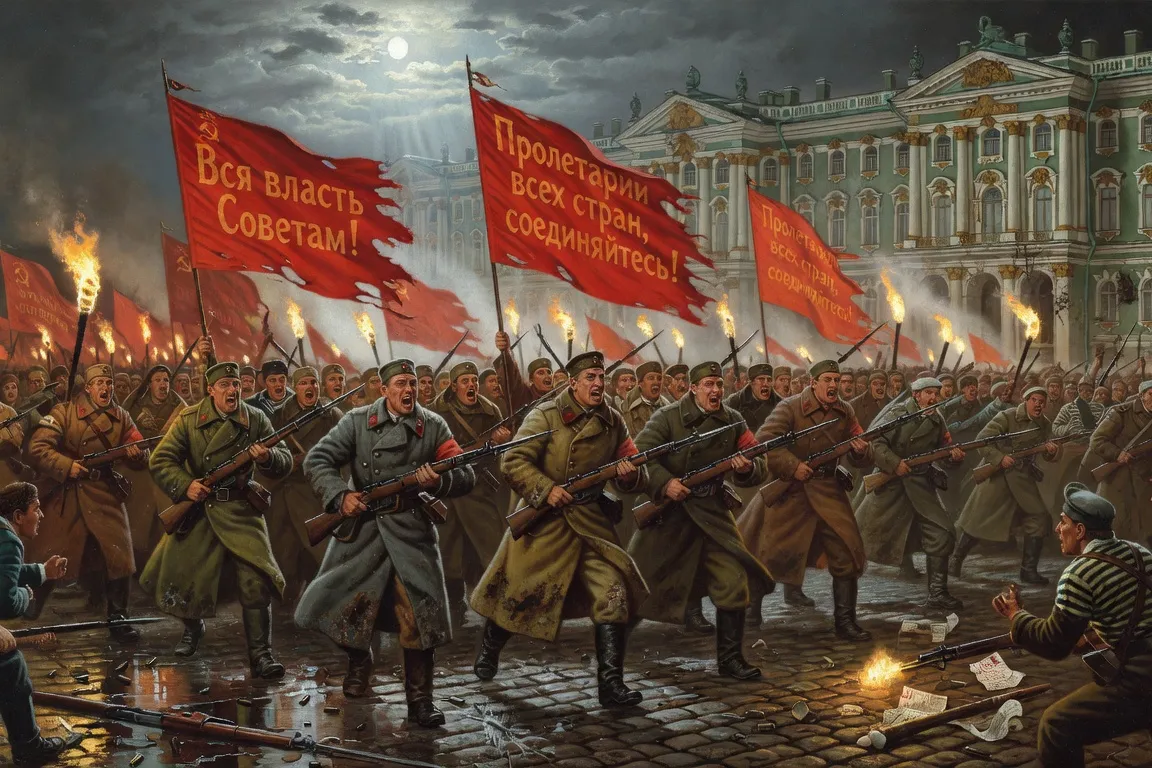 Soldats bolcheviques avec drapeaux rouges devant le Palais d'Hiver, Révolution russe octobre 1917