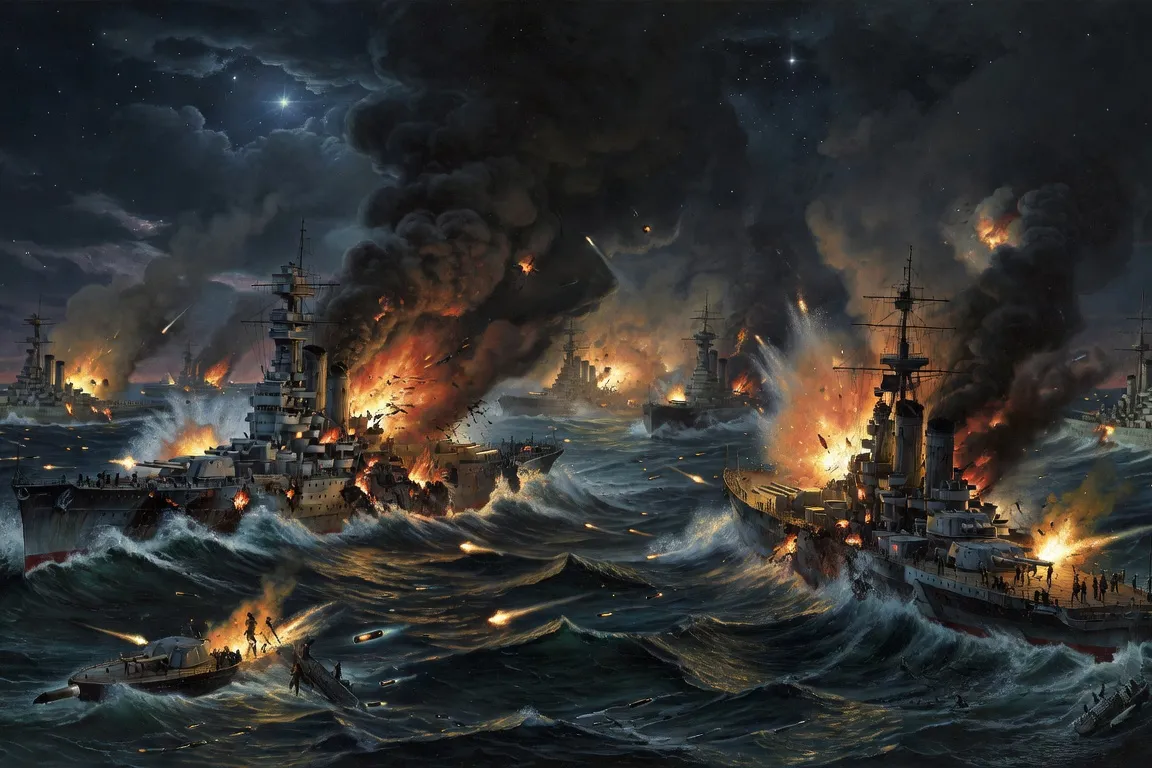 Cuirassés russes en flammes lors de la bataille navale de Tsushima, mai 1905
