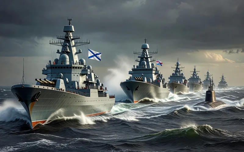 Navire de guerre de la marine russe en formation, illustrant la puissance navale