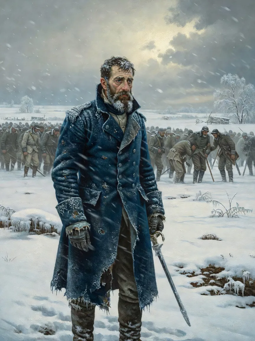 Officier français épuisé pendant la retraite de Russie en 1812