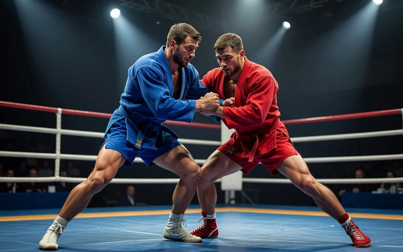 Combattants de Sambo en pleine competition, demontrant une technique de projection