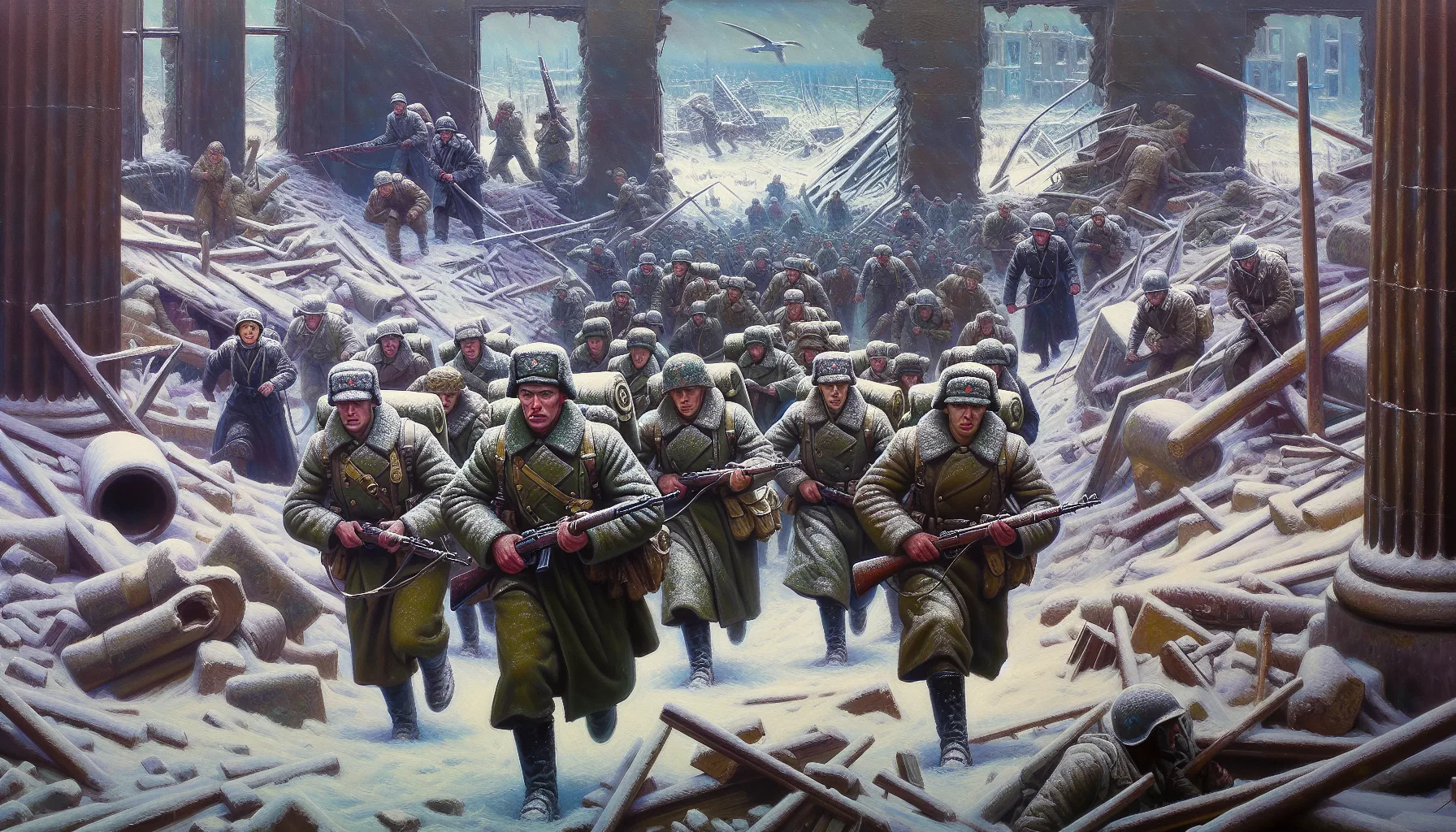 Soldats sovietiques progressant dans les ruines de Stalingrad